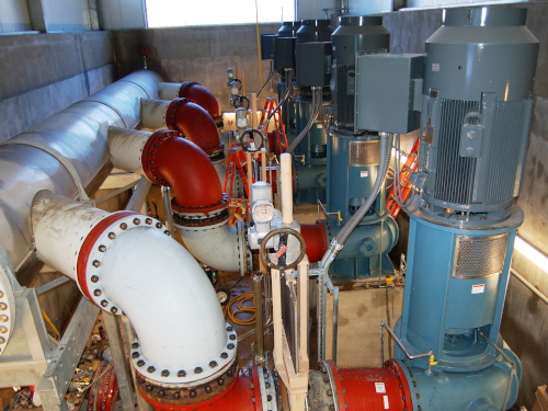 Vertical turbine pumps and manifold piping at a Port Angeles pump station